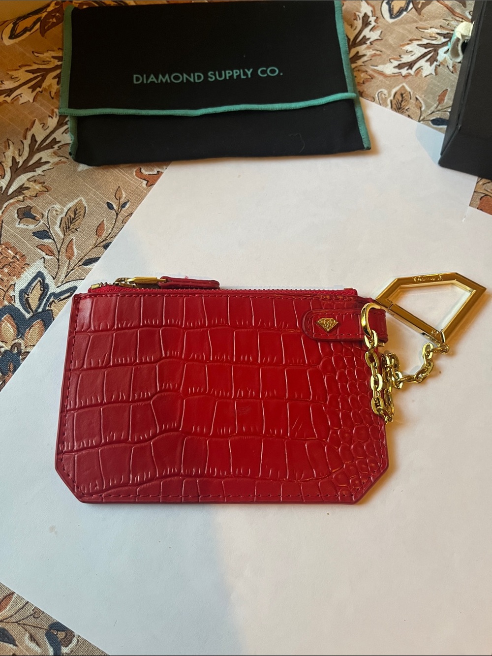 Diamond Supply Co. Red Croc-Embossed Zip Pouch with Gold Chain Key Ring